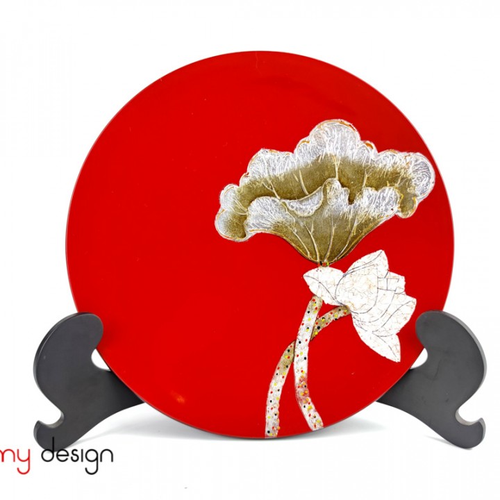 Red round lacquer dish attached with eggshell lotus 25 cm( not included with stand)